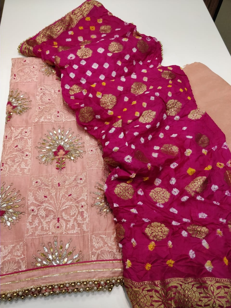 Chanderi Shirt with Gotta work, Bandhni Silk Dupatta n Shantoon Bottom