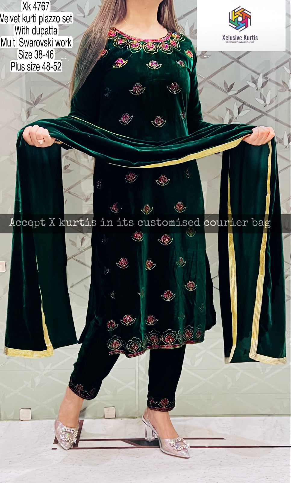 Stitched Velvet Kurti Pant Dupatta with multi swarovski work