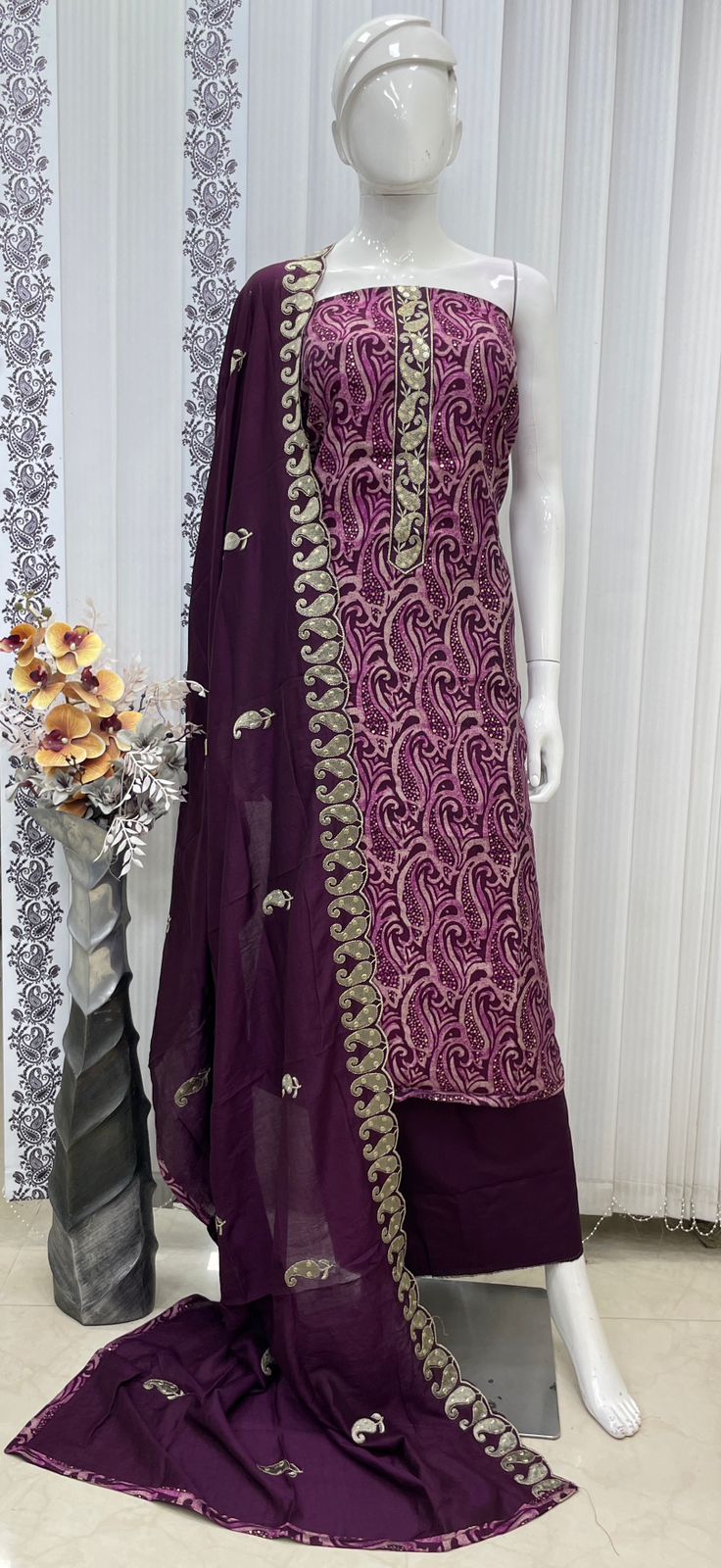 Muslin Suit with embroidery and digital print