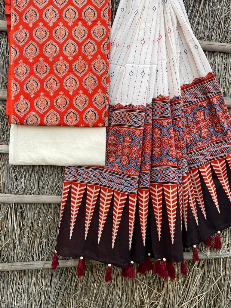 Ajrakh print top with hand kantha work dupatta cotton bottom