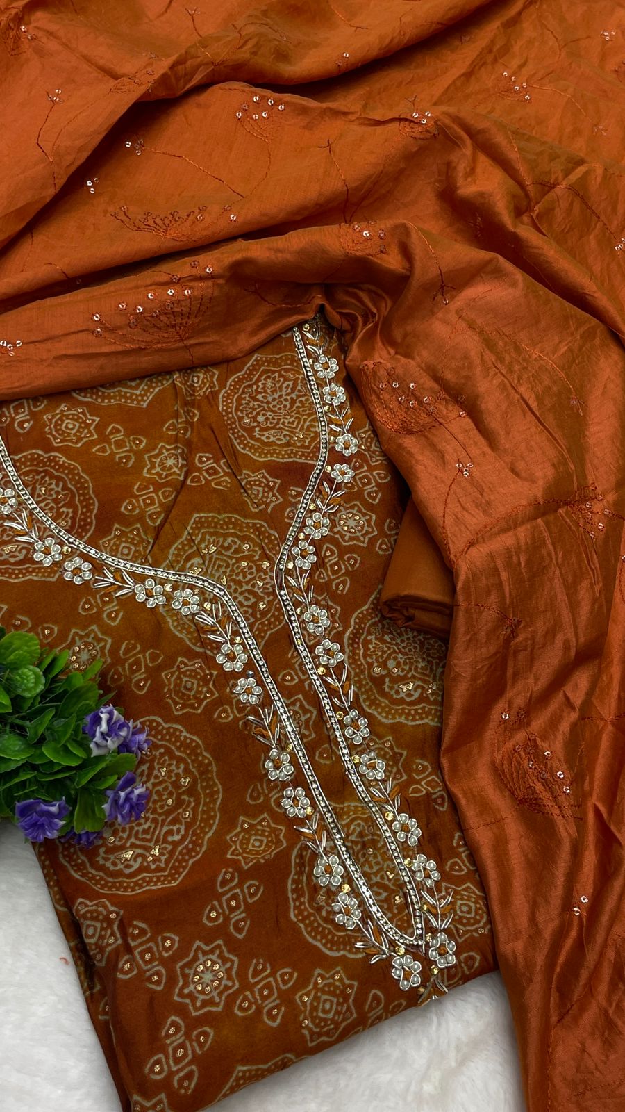 Muslin Suit with embroidery and digital print