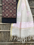 Ajrakh top with kota doriya with hand applique work dupatta set