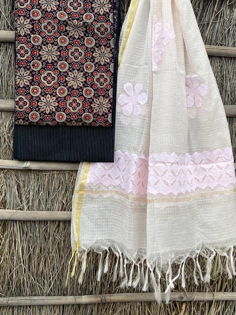 Ajrakh top with kota doriya with hand applique work dupatta set