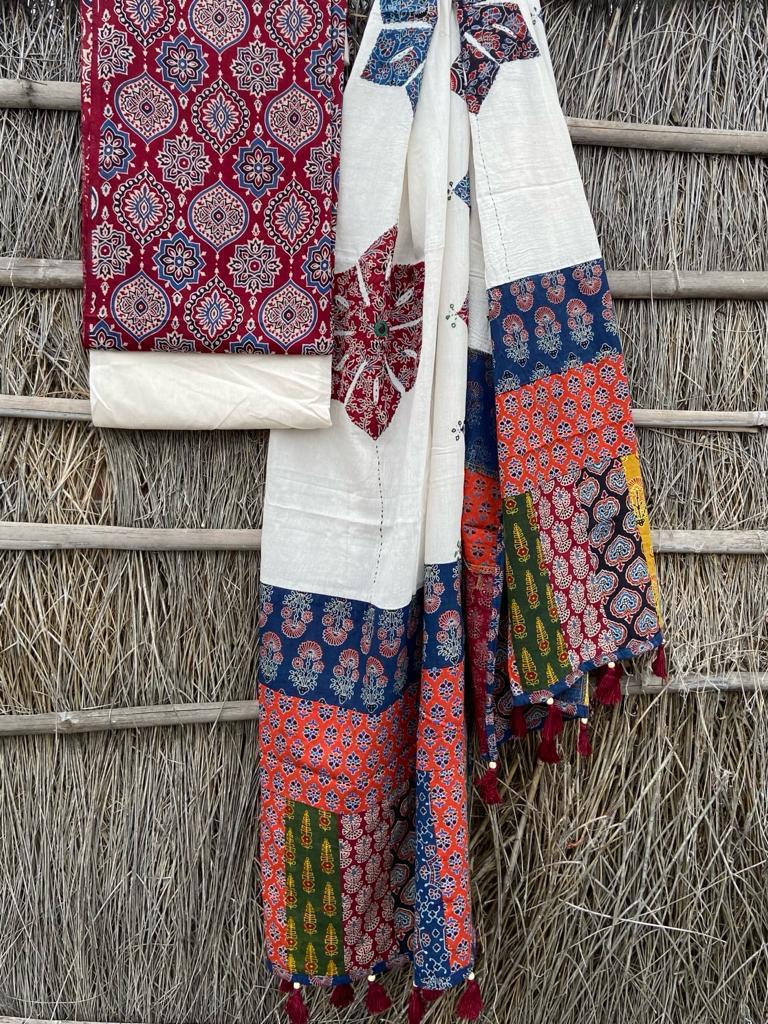 Ajrakh print suit pcs with patch work and mirror work dupatta