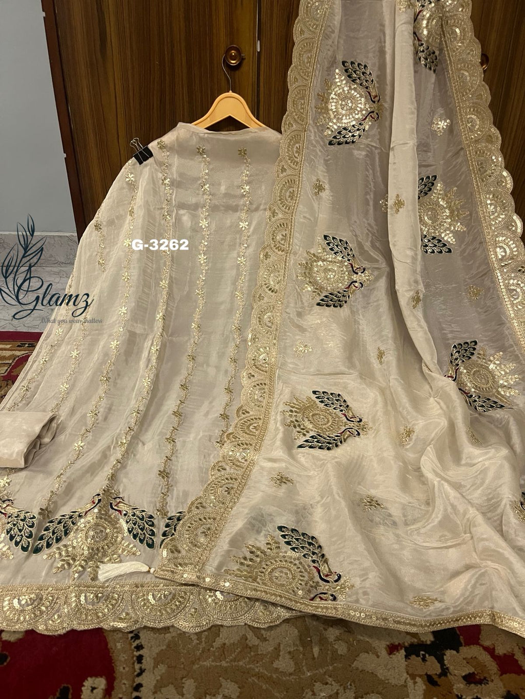 Shimmer Silk Unstitched Suit with gota doriya resham and sequins work