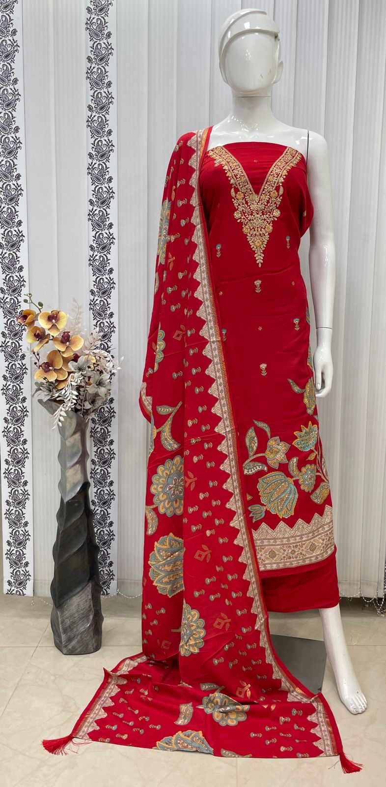 Muslin Suit with embroidery and digital print