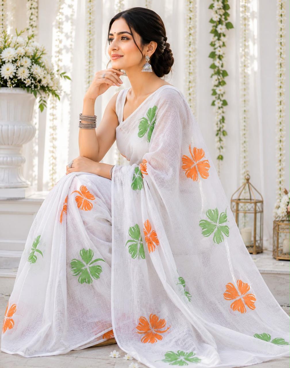Independence Day Linen Cotton Saree