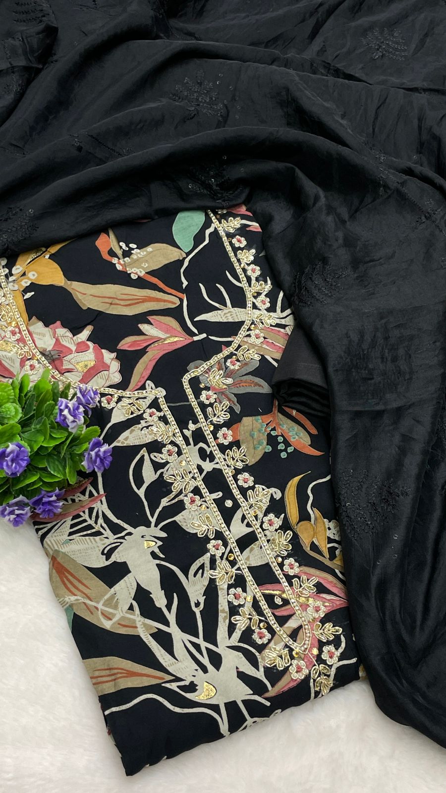 Muslin Suit with embroidery and digital print
