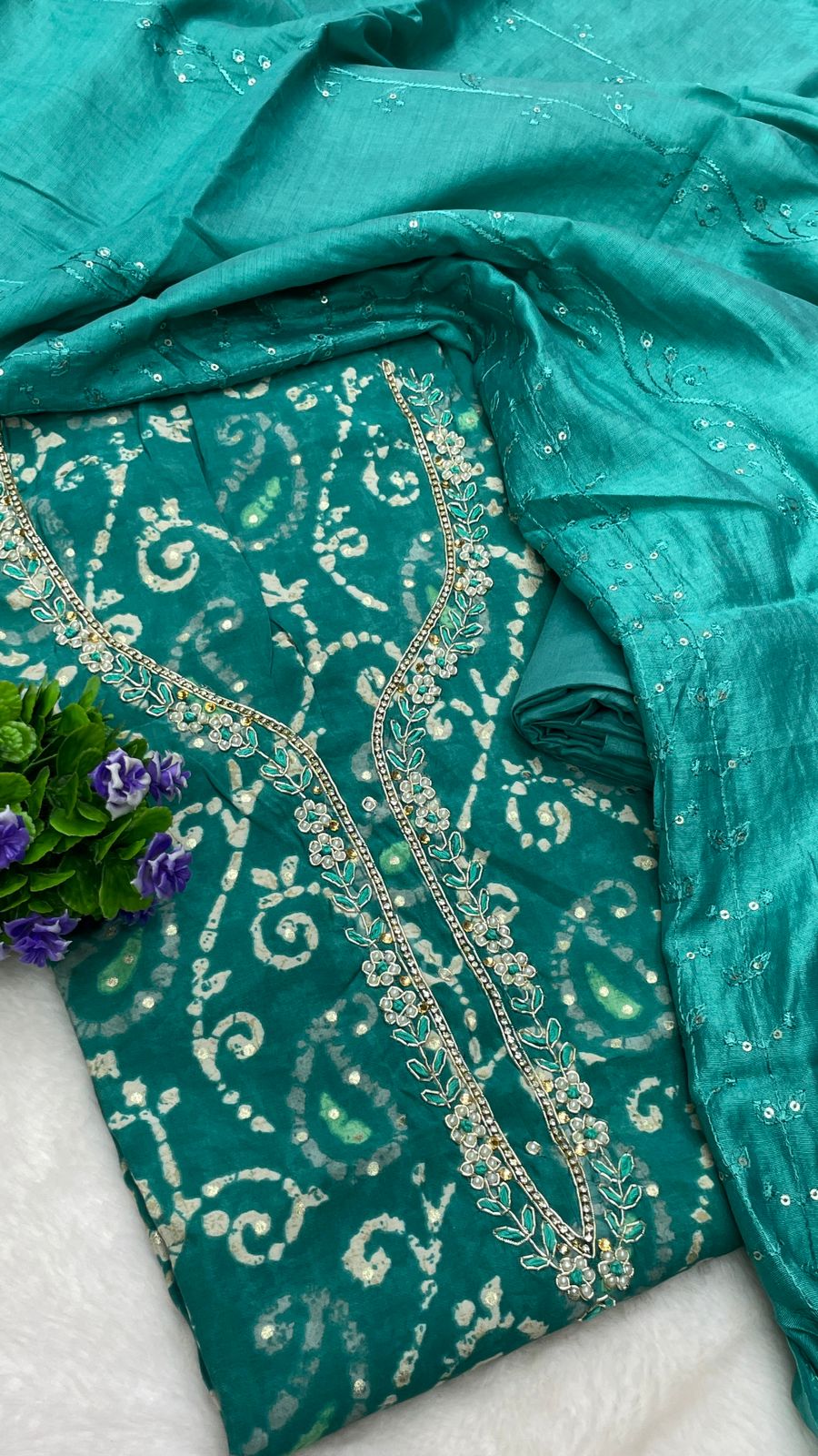 Muslin Suit with embroidery and digital print