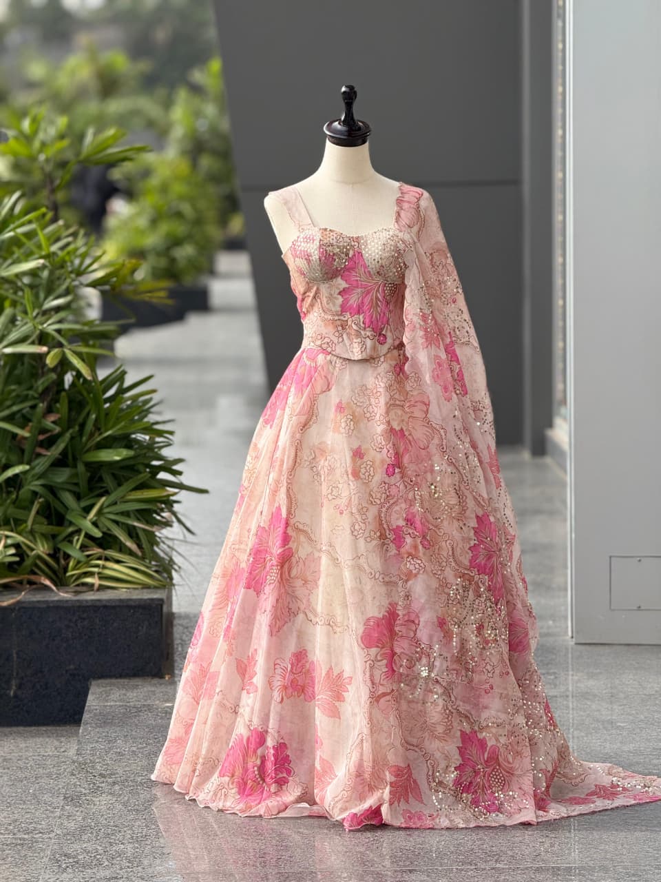 Organza Digital Print Lehenga with Corset Blouse