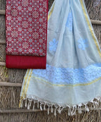 Ajrakh top with kota doriya with hand applique work dupatta set
