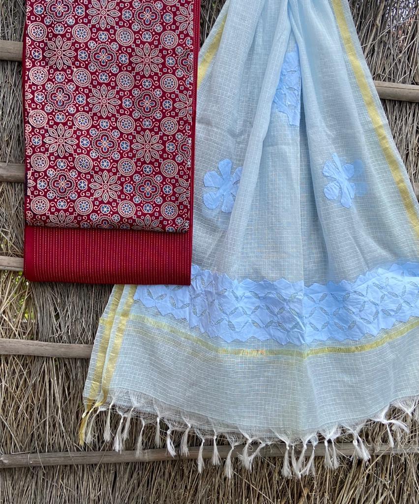 Ajrakh top with kota doriya with hand applique work dupatta set