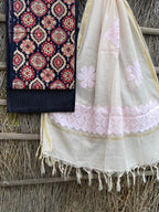 Ajrakh top with kota doriya with hand applique work dupatta set