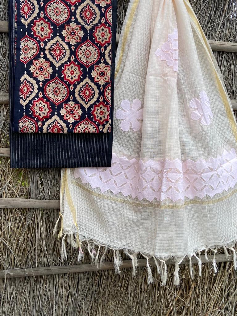 Ajrakh top with kota doriya with hand applique work dupatta set