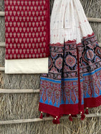 Ajrakh print top with hand kantha work dupatta cotton bottom