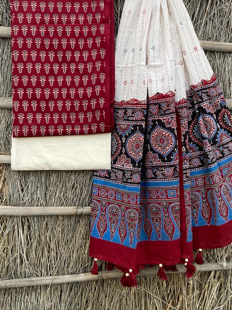 Ajrakh print top with hand kantha work dupatta cotton bottom