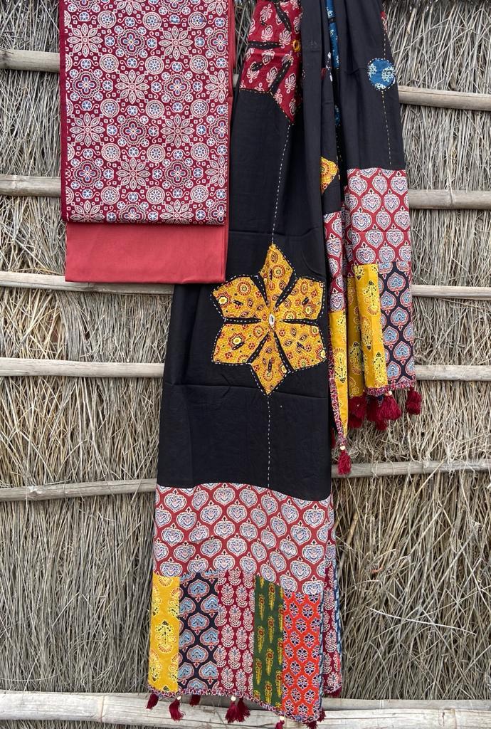 Ajrakh print suit pcs with patch work and mirror work dupatta