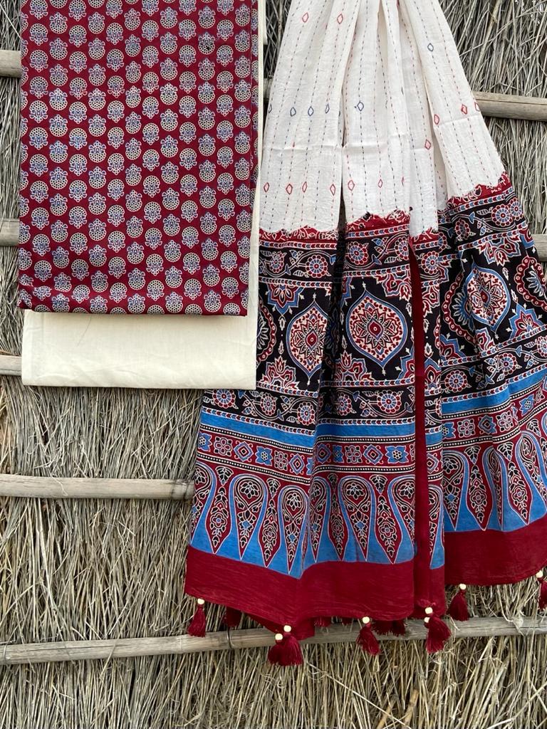Ajrakh print top with hand kantha work dupatta cotton bottom