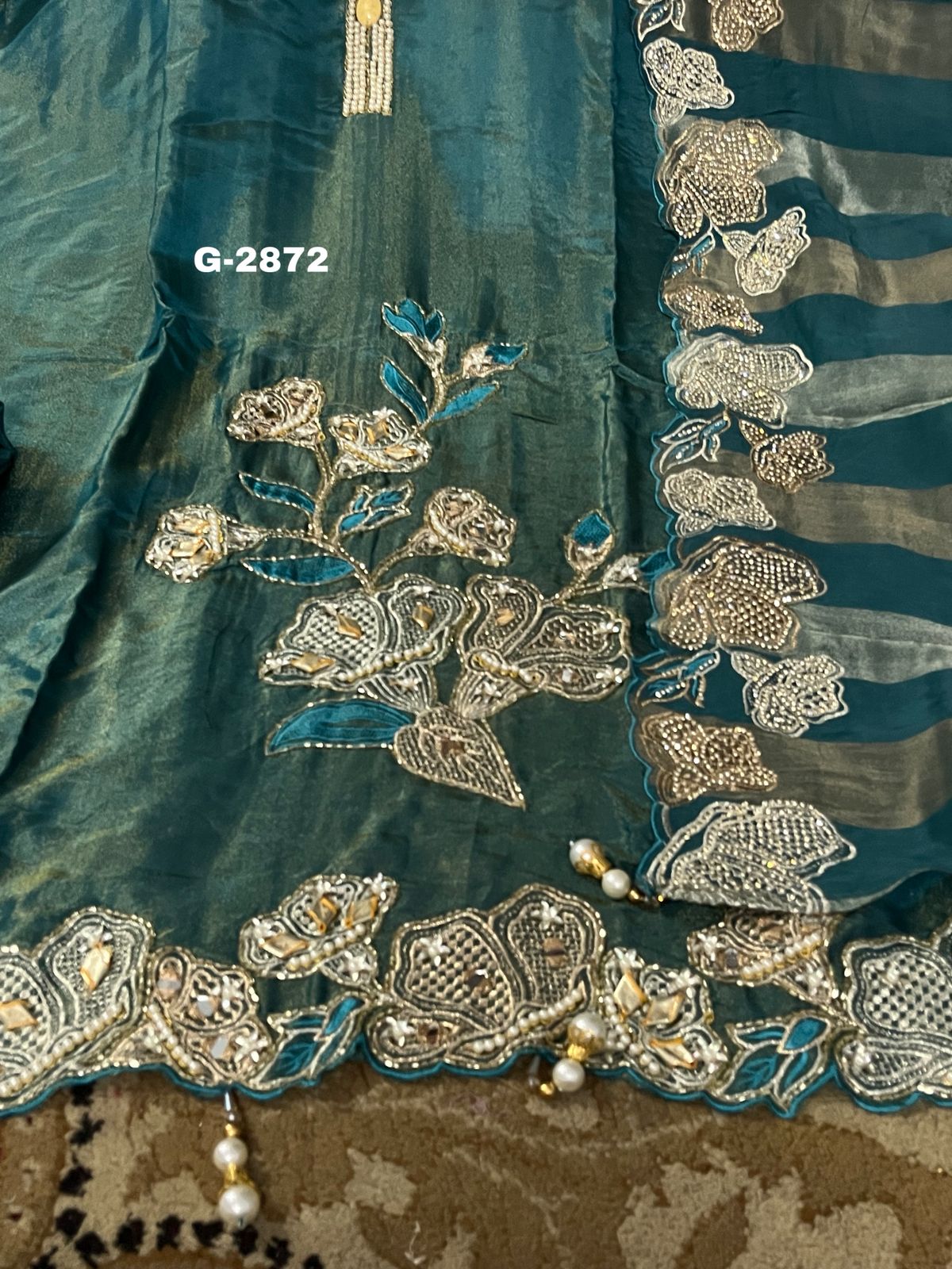 Shimmer Silk Unstitched Suit with pearls katdana and zircon work