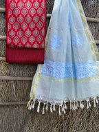 Ajrakh top with kota doriya with hand applique work dupatta set