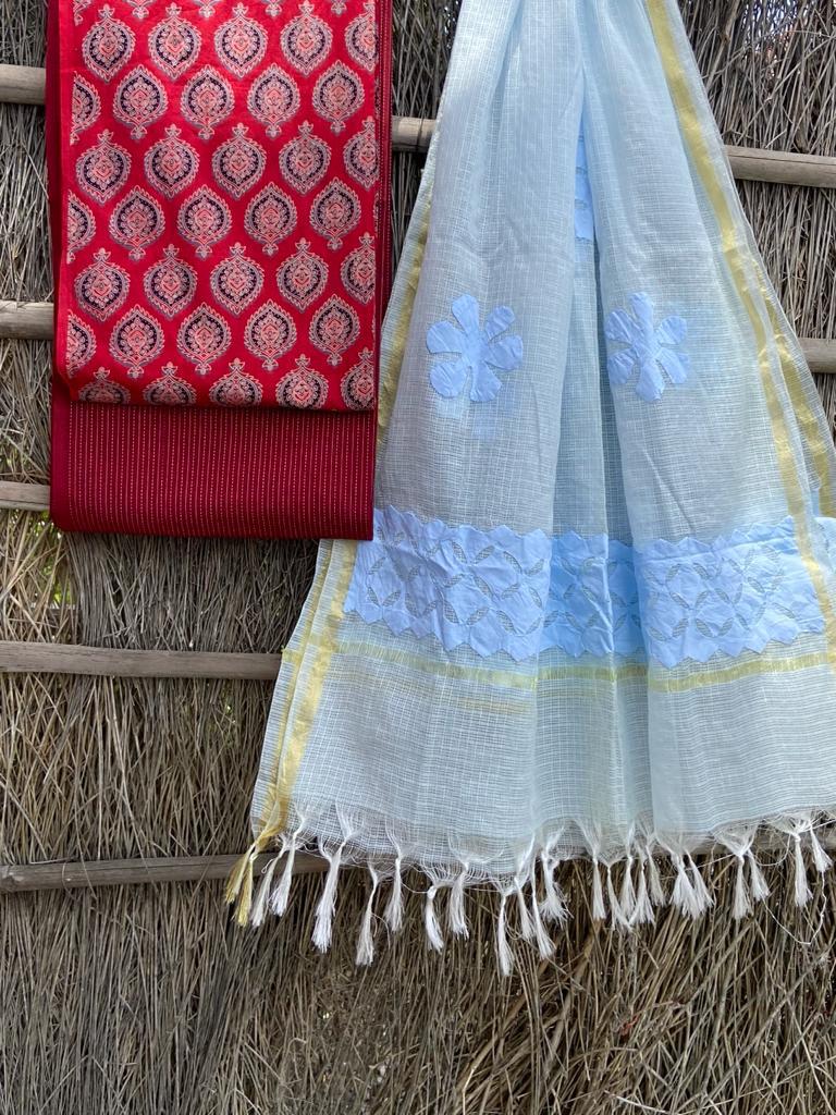 Ajrakh top with kota doriya with hand applique work dupatta set