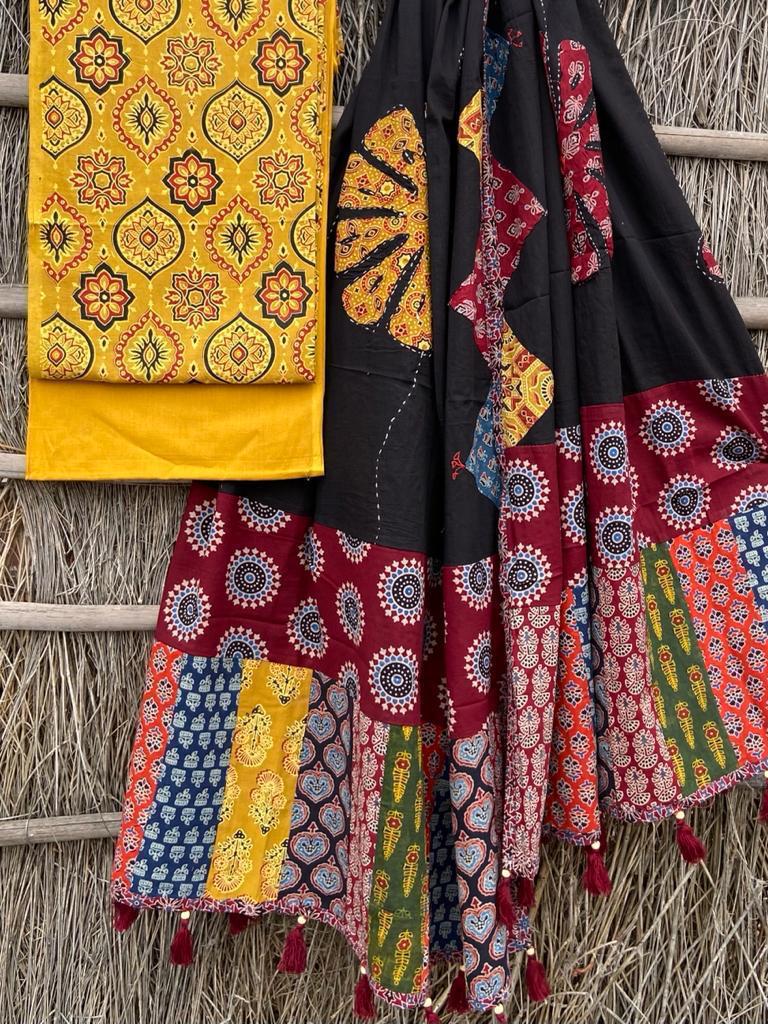 Ajrakh print suit pcs with patch work and mirror work dupatta