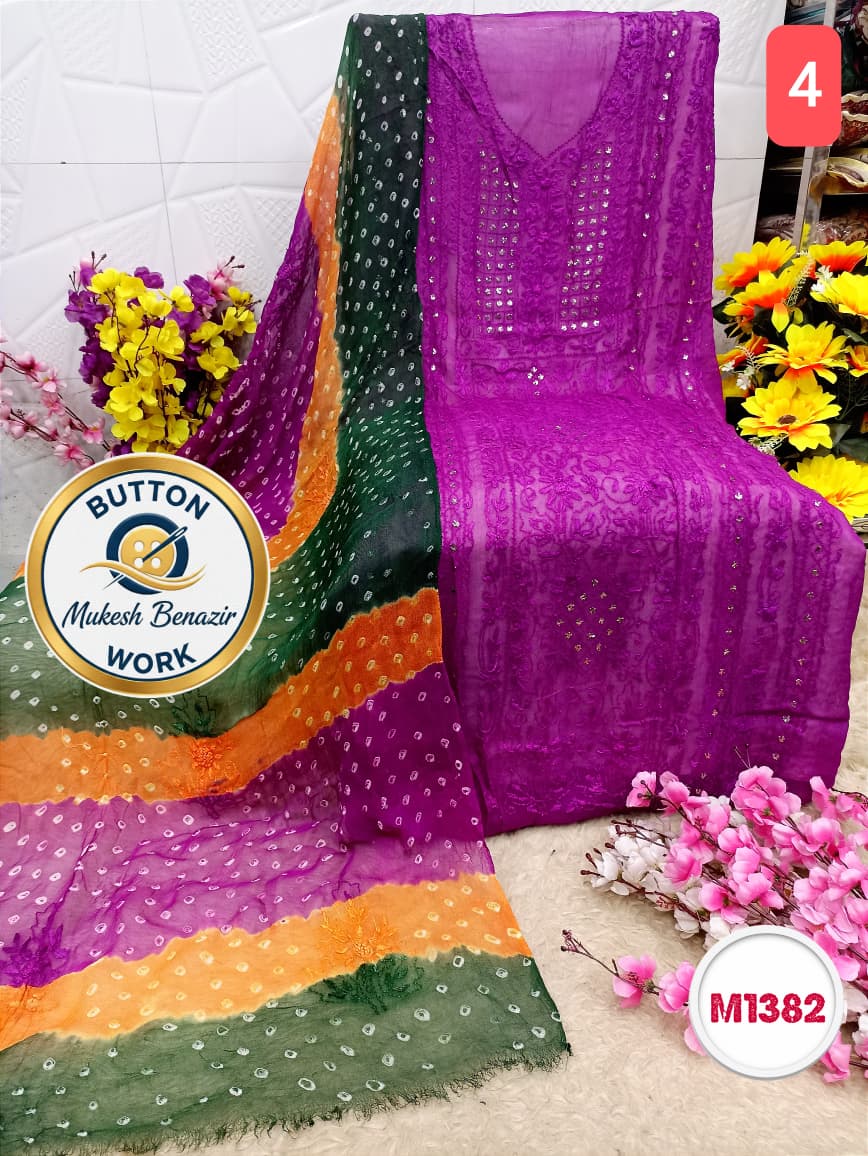 Georgette Hand Embroidered Suit with button mukesh benazir work