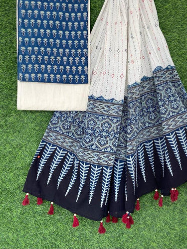 Ajrakh print top with hand kantha work dupatta cotton bottom