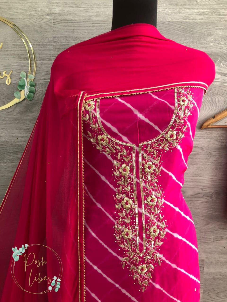 Organza Lehriya Print with gota and shantoon bottom