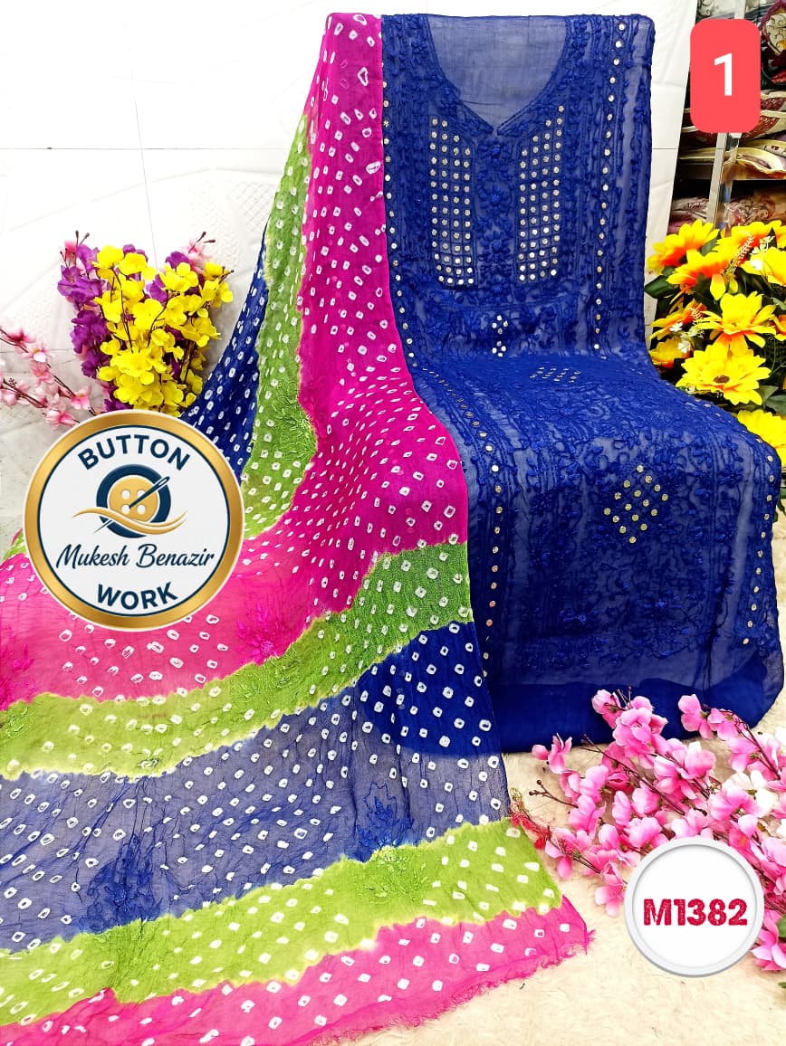 Georgette Hand Embroidered Suit with button mukesh benazir work