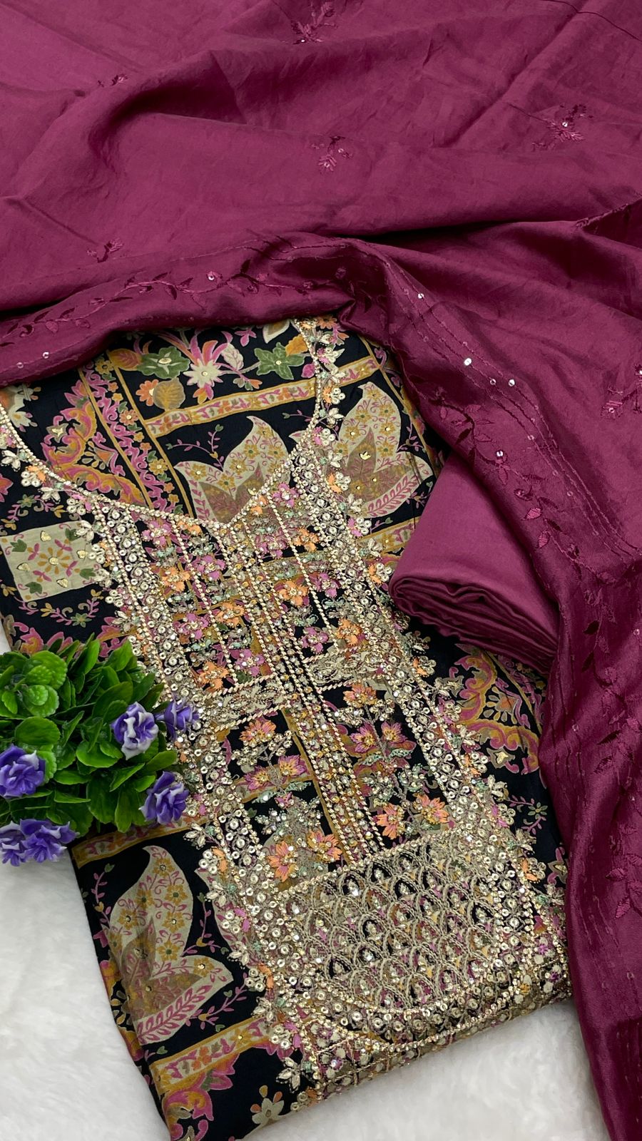 Muslin Suit with embroidery and digital print