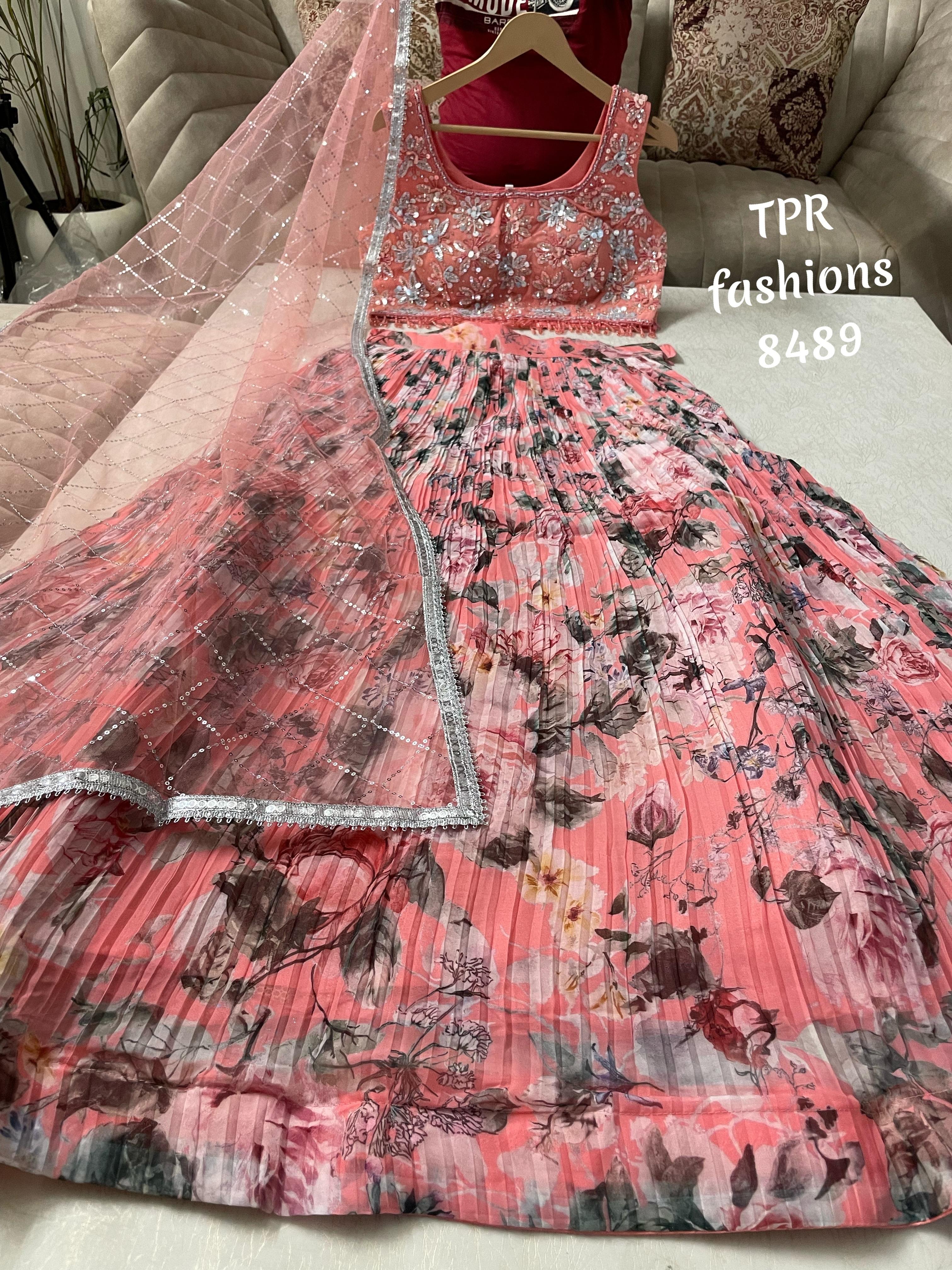 Georgette Crop Top with Digital Print Silk Lehenga