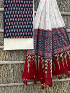 Ajrakh print top with hand kantha work dupatta cotton bottom