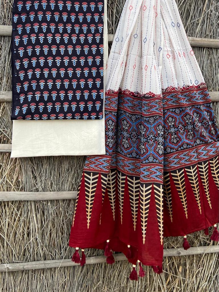 Ajrakh print top with hand kantha work dupatta cotton bottom