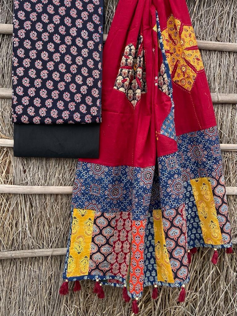Ajrakh print suit pcs with patch work and mirror work dupatta
