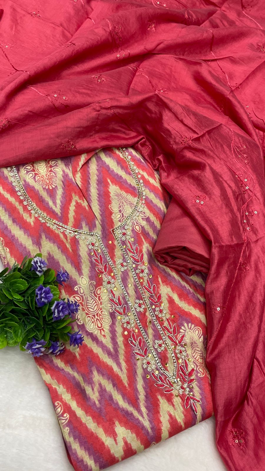 Muslin Suit with embroidery and digital print