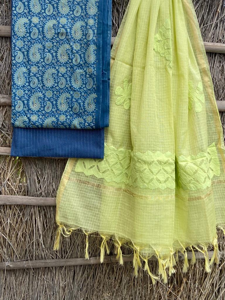 Ajrakh top with kota doriya with hand applique work dupatta set