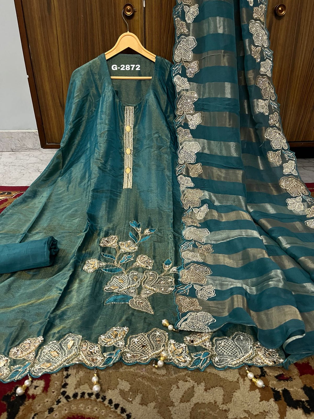 Shimmer Silk Unstitched Suit with pearls katdana and zircon work