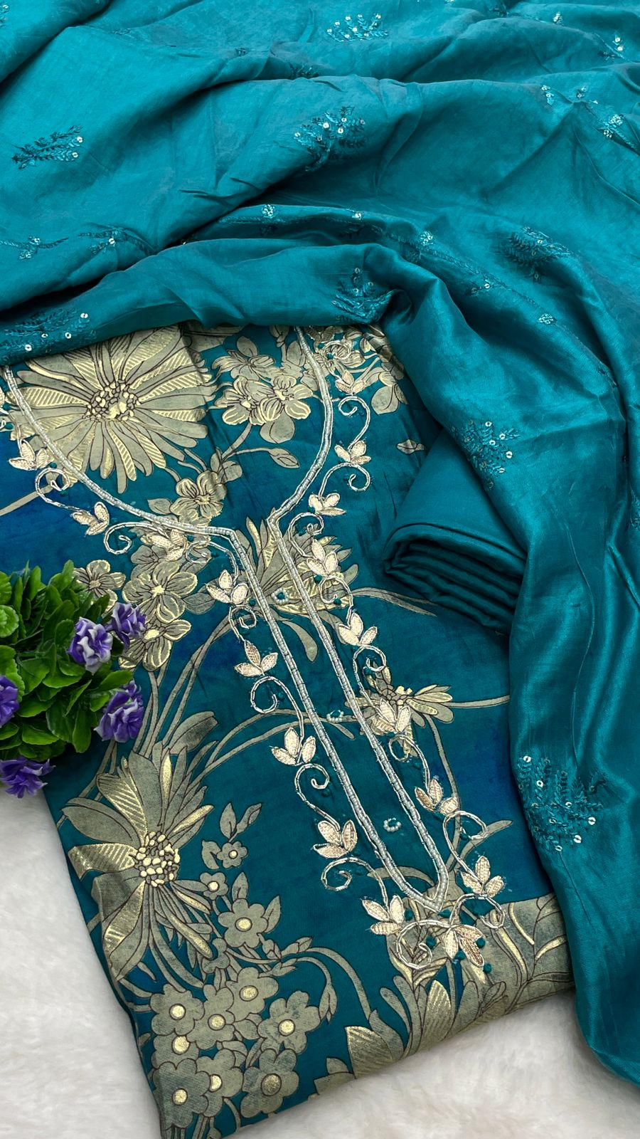 Muslin Suit with embroidery and digital print