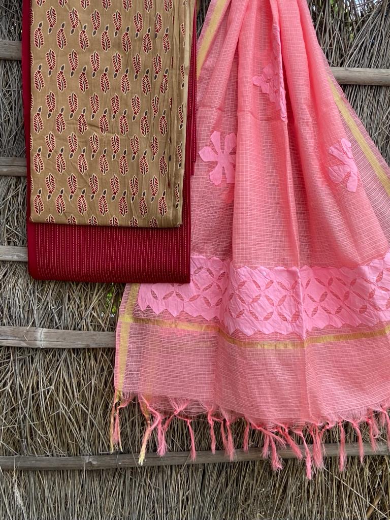 Ajrakh top with kota doriya with hand applique work dupatta set