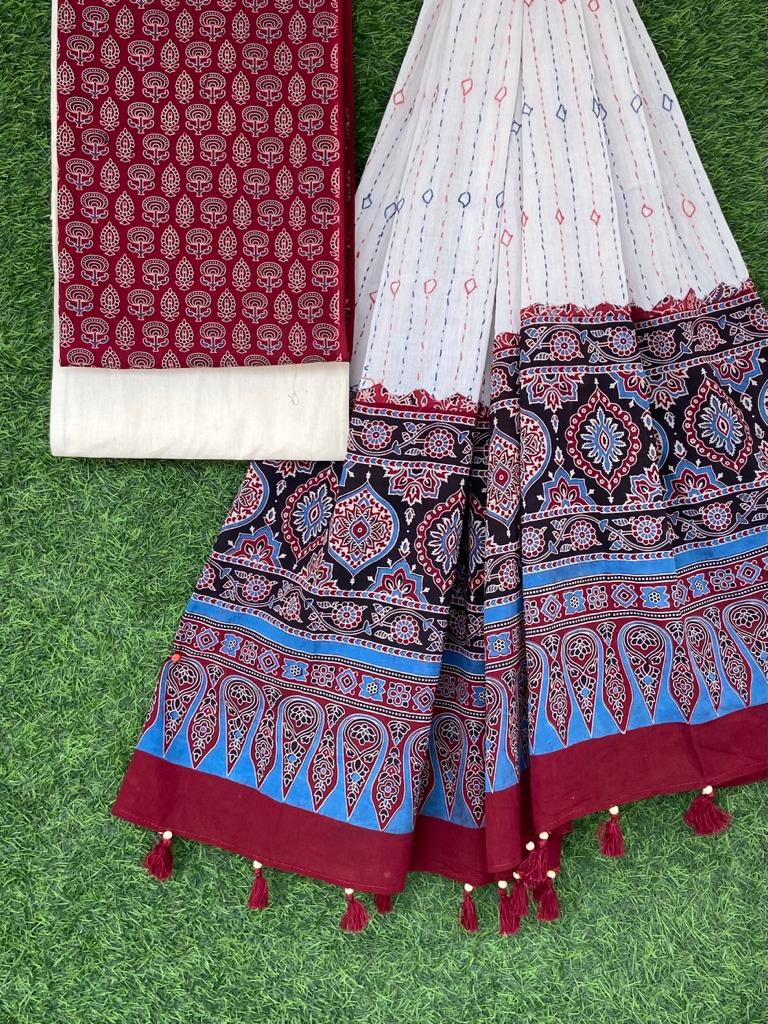 Ajrakh print top with hand kantha work dupatta cotton bottom