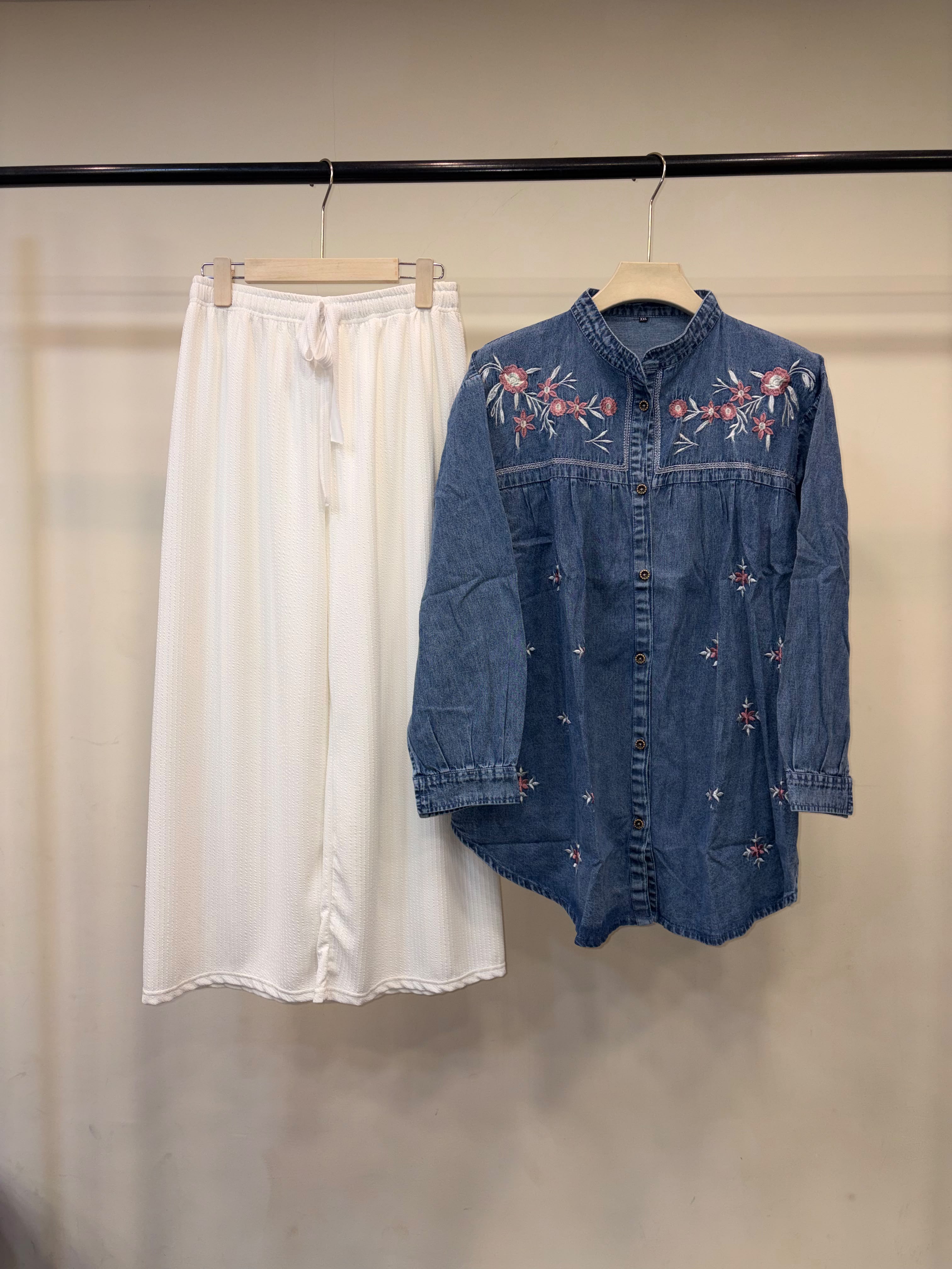Denim Embroidered Top with Plain Pants