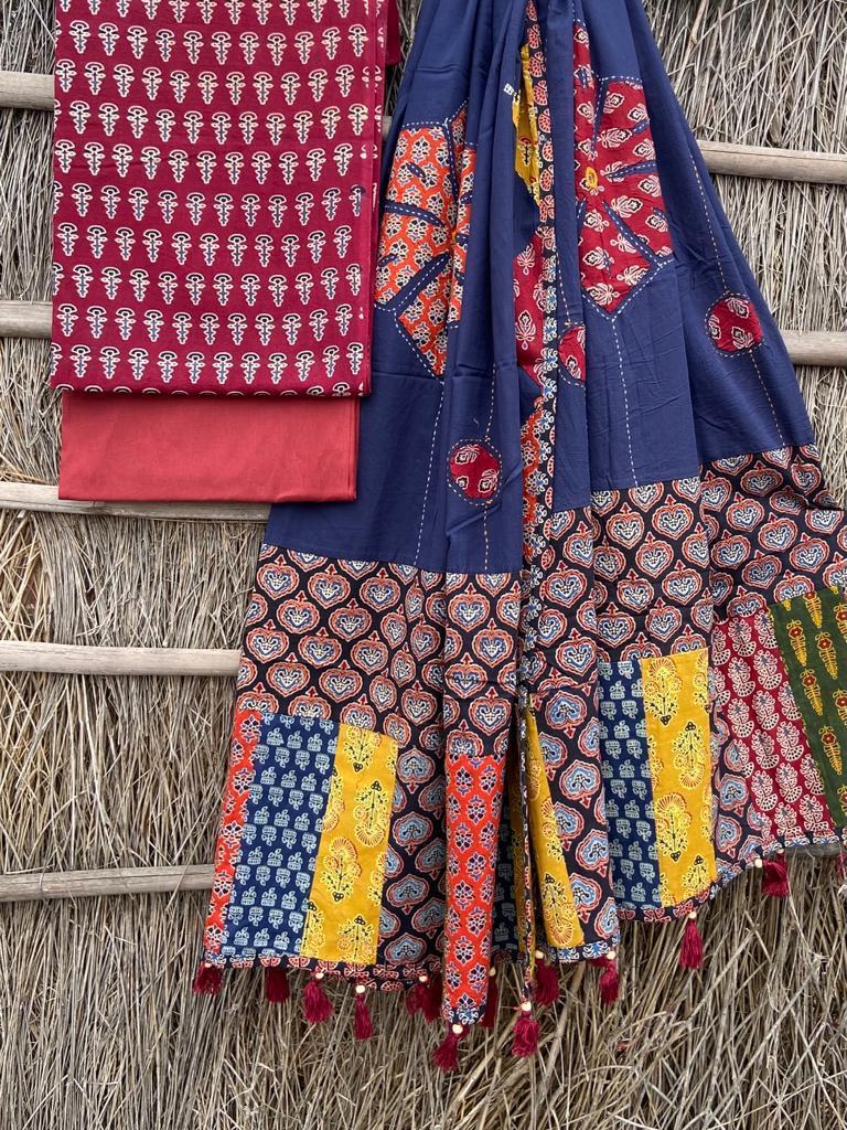 Ajrakh print suit pcs with patch work and mirror work dupatta