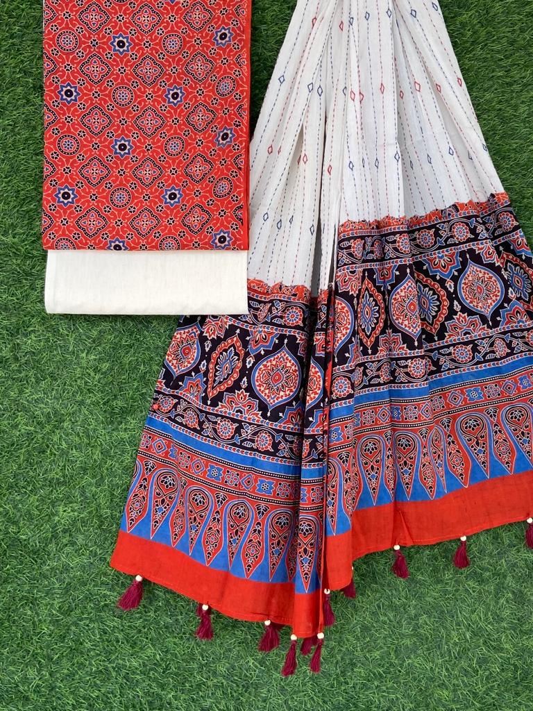 Ajrakh print top with hand kantha work dupatta cotton bottom