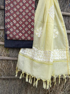 Ajrakh top with kota doriya with hand applique work dupatta set