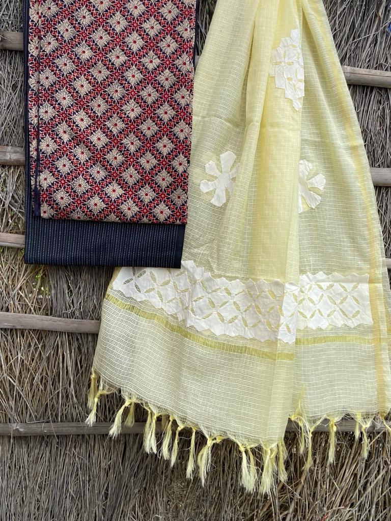 Ajrakh top with kota doriya with hand applique work dupatta set