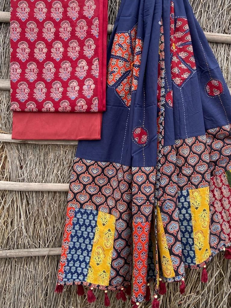 Ajrakh print suit pcs with patch work and mirror work dupatta