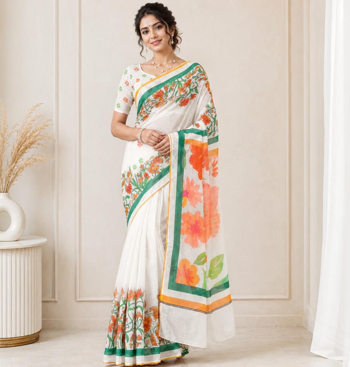 Independence Day Linen Cotton Saree
