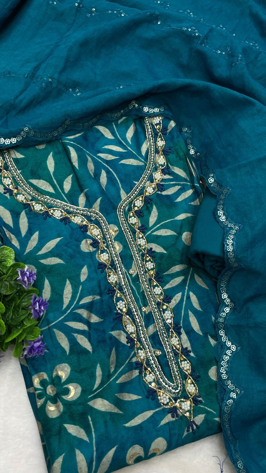 Muslin Suit with embroidery and digital print