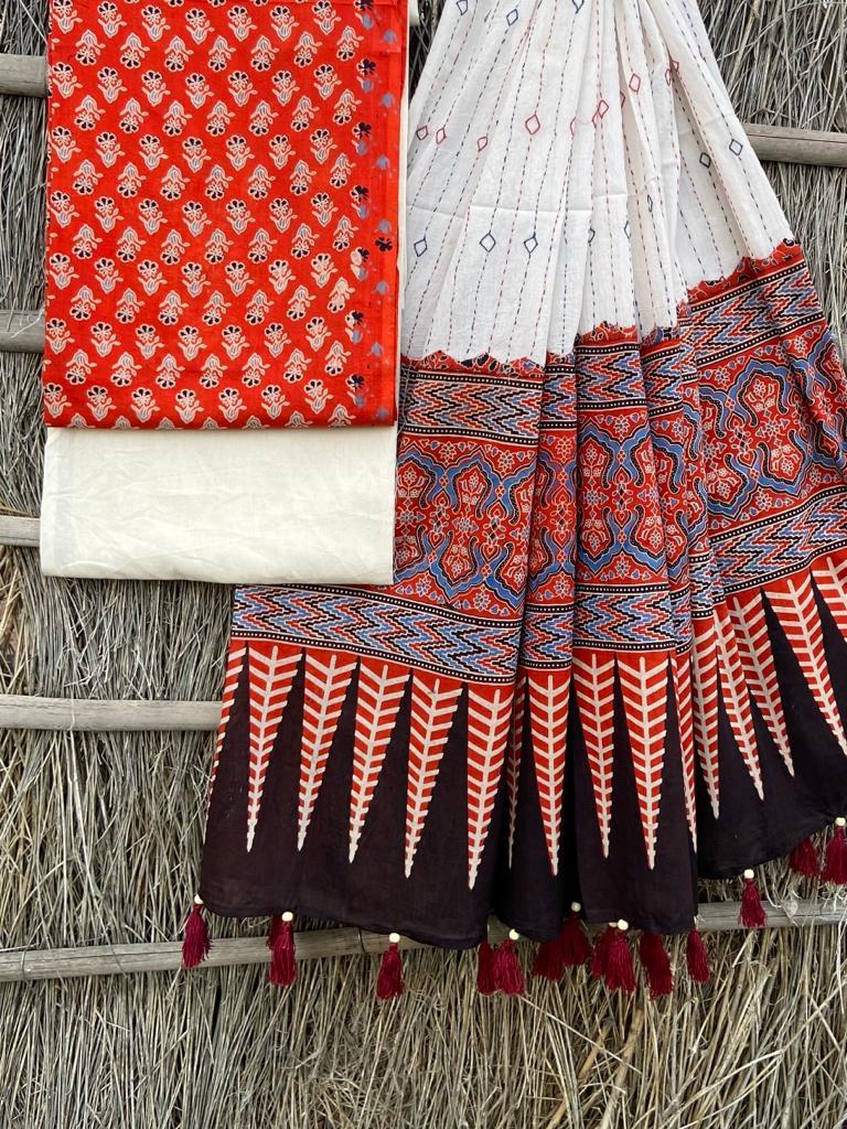 Ajrakh print top with hand kantha work dupatta cotton bottom